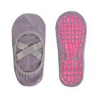 A pair of gray ballet-style grip socks. The left sock displays its top with two elastic straps crossed over the instep. The right sock shows the bottom, featuring a grid of pink non-slip grips.