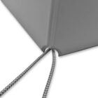 Close-up of two braided ropes threaded through a corner of a gray fabric.