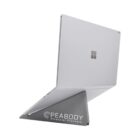 A silver laptop on a gray stand with PEABODY Financial Planners printed on the stand.