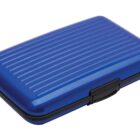 A blue, ribbed, rectangular hard-shell case with a black clasp.