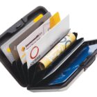 A wallet open with cards and cash organized in separate slots.
