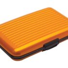 Orange hard-shell card holder case with black latch, shown on a white background.