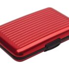 Red, hard-shell wallet or card holder with a black clasp, shown on a white background.