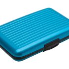 Shiny blue hard-shell case with black latch, closed and resting on a white surface.