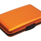 Orange, rectangular, hard-shell wallet or card holder with a black clasp.