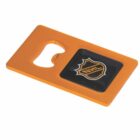 Orange and black NHL-branded bottle opener shaped like a credit card.