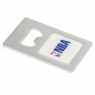 Rectangular metal bottle opener with the NBA logo printed on it.