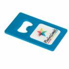Blue rectangular bottle opener with Professionals logo and colorful star on a white label.