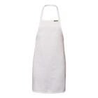 Plain white apron with neck strap and a small label on the upper right side.