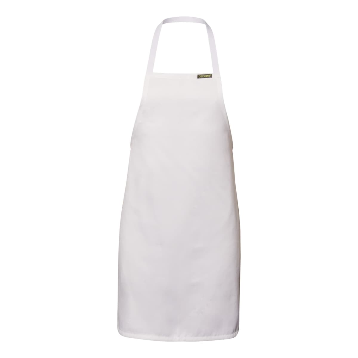 Plain white apron with neck strap and a small label on the upper right side.