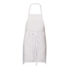 White apron with neck loop and waist tie, displayed on a plain white background.