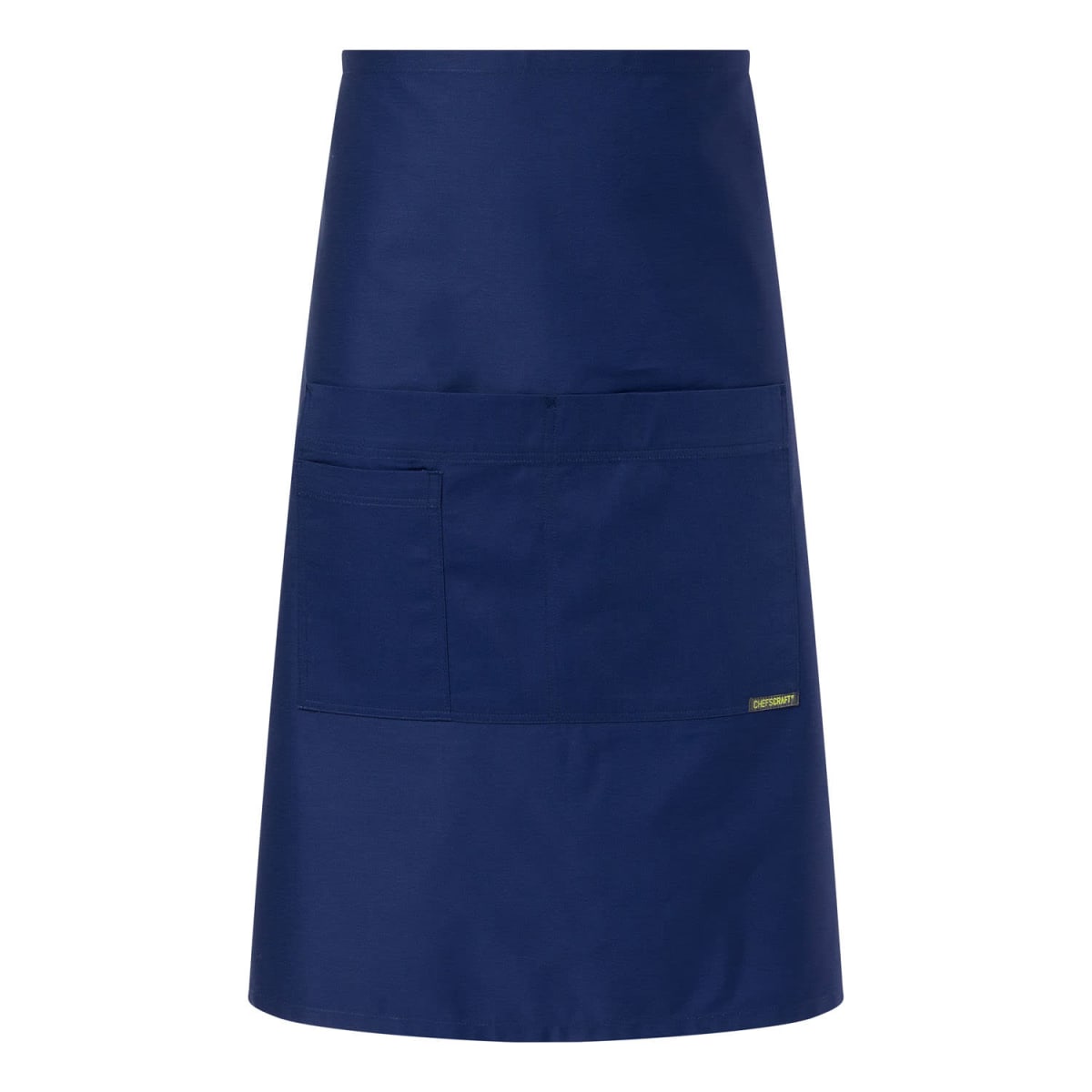 Dark blue waist apron with front pockets, displayed on a white background.