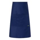 A navy blue waist apron with two front pockets, displayed against a white background.