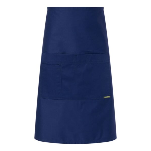A navy blue waist apron with two front pockets, displayed against a white background.
