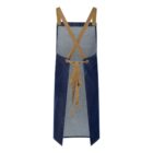 Dark blue denim apron with tan cross-back straps and a tie at the waist, shown from the back.