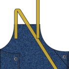 Blue denim apron with two yellow straps, one straight and one diagonally across the chest.