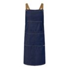 Dark blue denim apron with tan straps and front pockets, displayed on a white background.
