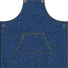 Blue denim apron with a front pocket and tan crossed straps.