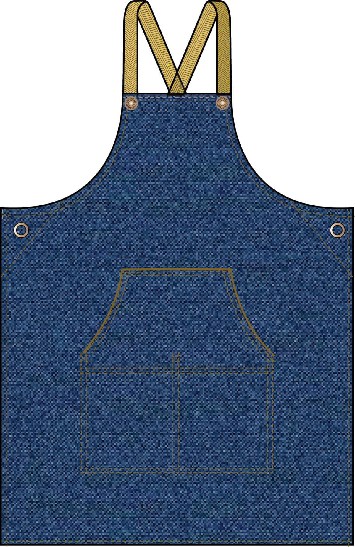 Blue denim apron with a front pocket and tan crossed straps.