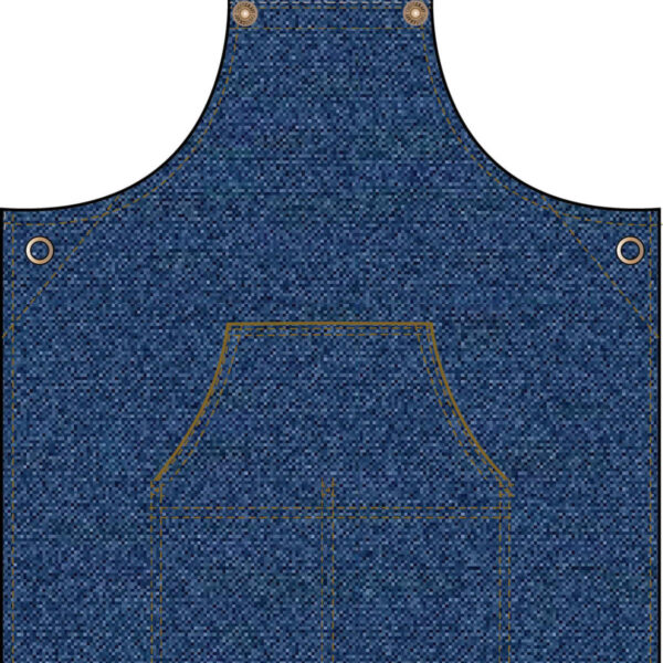Blue denim apron with tan straps and a large front pocket.