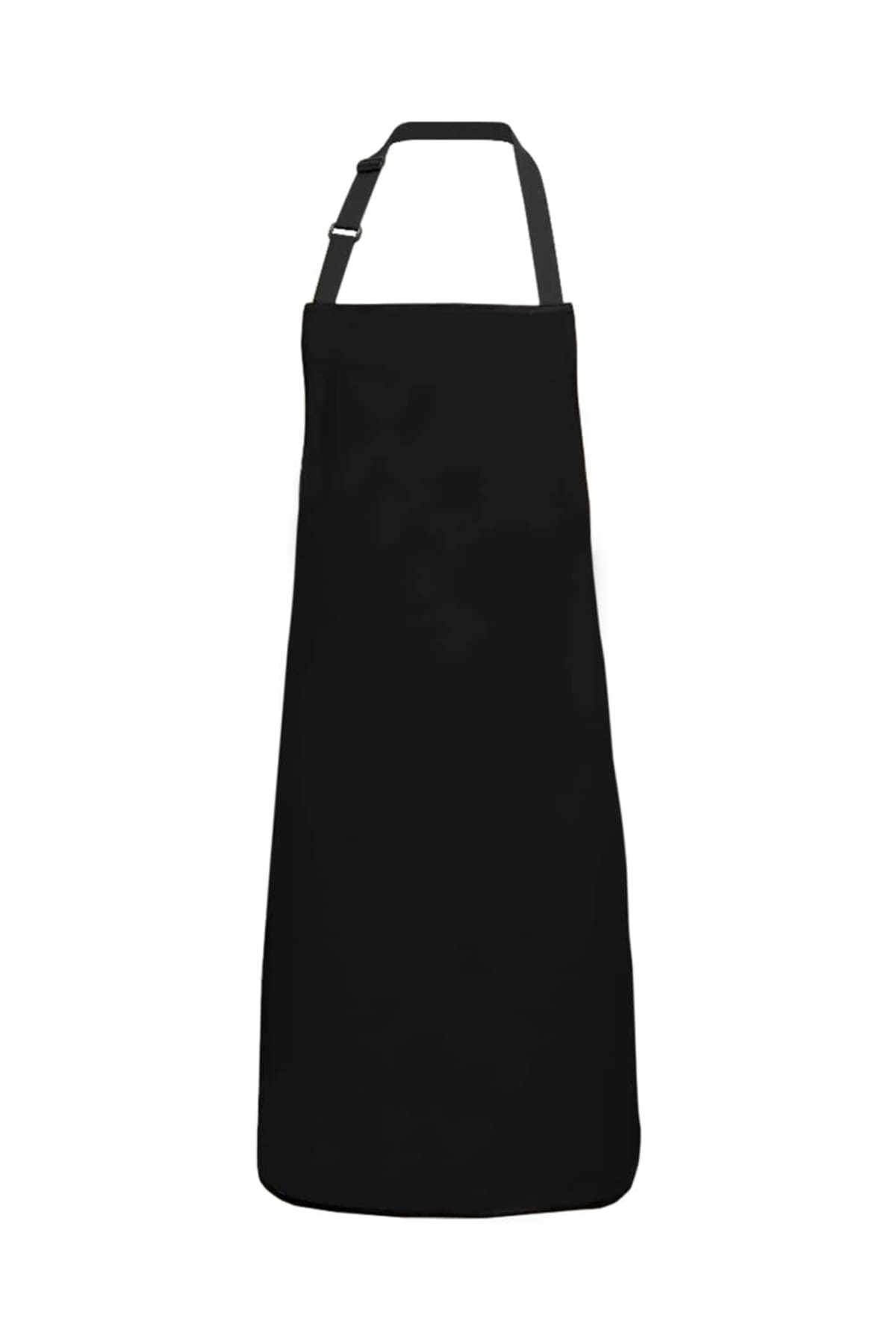 Plain black apron with adjustable neck strap, displayed on a white background.
