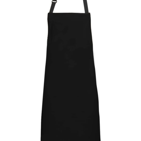 Black apron with an adjustable neck strap, displayed on a plain white background.