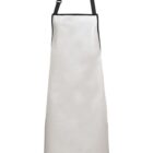 White apron with black neck strap and trim, displayed on a plain white background.