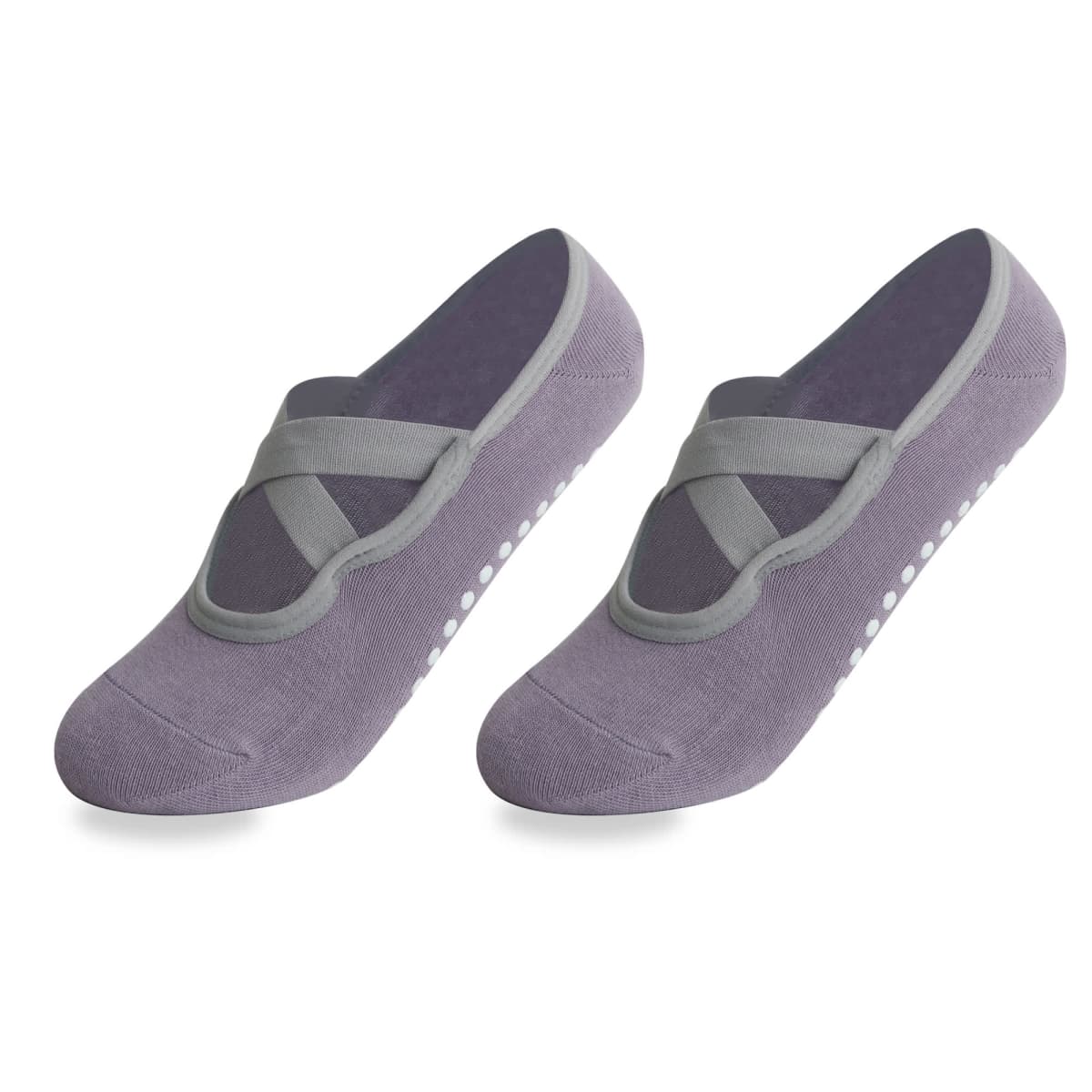 A pair of gray ballet-style socks with crisscrossed elastic bands on top and non-slip grips on the soles, designed for activities like yoga or pilates. The socks are shown from a side angle on a plain white background.