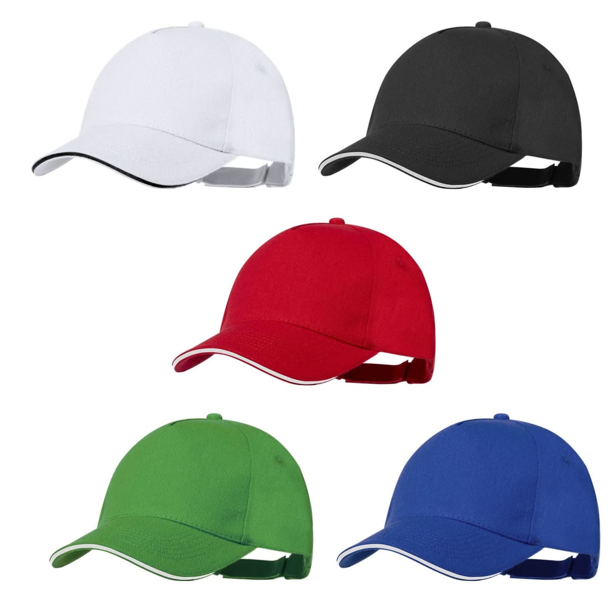 Five baseball caps in white, black, red, green, and blue, arranged in two rows.