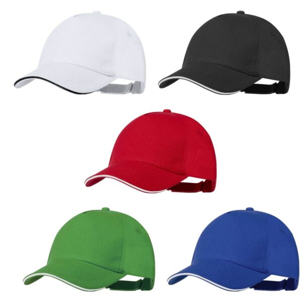 Five baseball caps in white, black, red, green, and blue on a plain background.