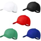 Five baseball caps in white, black, red, green, and blue, arranged on a white background.