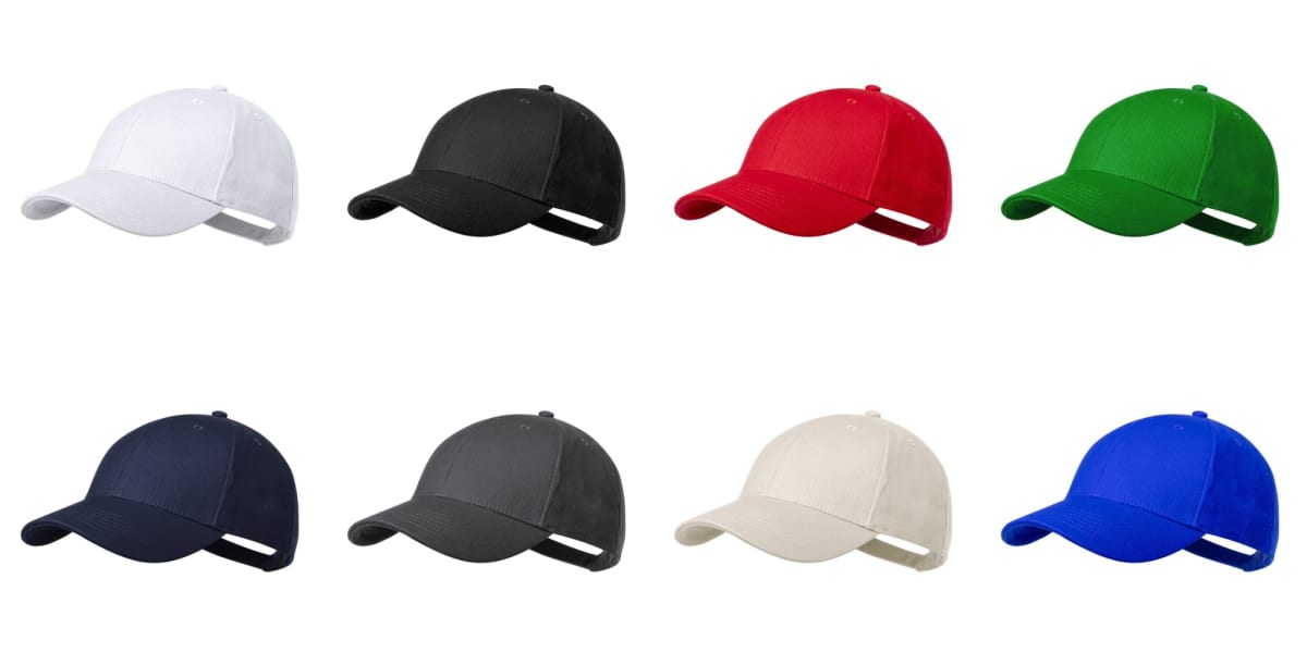 Eight baseball caps in different colors arranged in two rows on a white background.