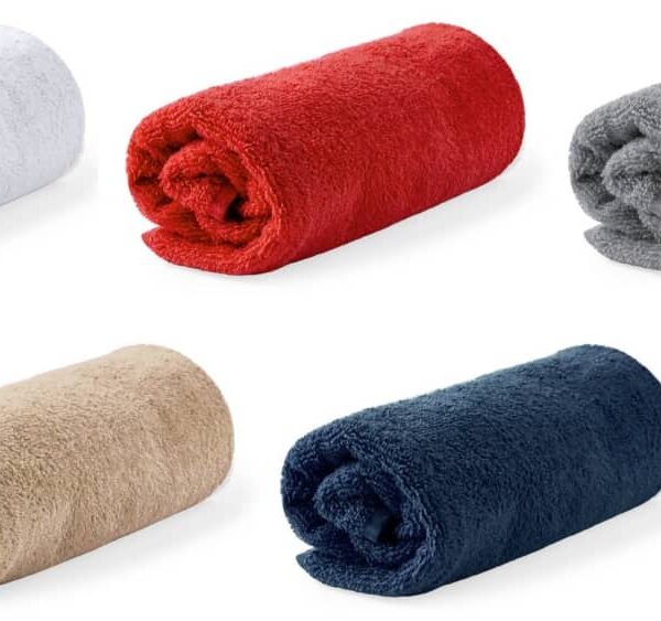 Five rolled towels in white, red, gray, beige, and navy blue on a white background.