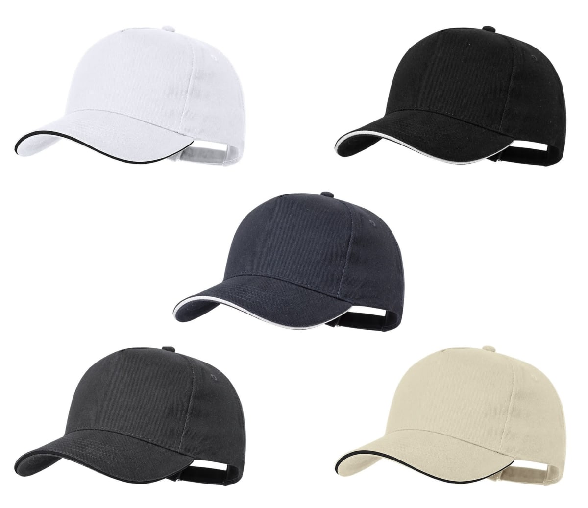 Five plain baseball caps in white, black, navy, gray, and beige on a white background.