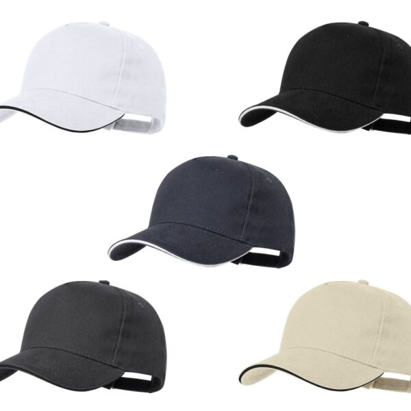 Five plain baseball caps in white, black, navy blue, dark gray, and beige, on a white background.