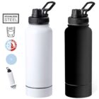 Two 1L stainless steel water bottles, one white and one black, with black caps and handles.