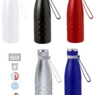 Five stainless steel water bottles in white, black, red, silver, and blue with carrying straps.