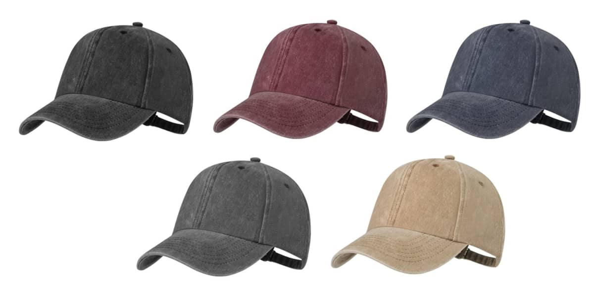 Five baseball caps in black, burgundy, blue, gray, and beige on a white background.