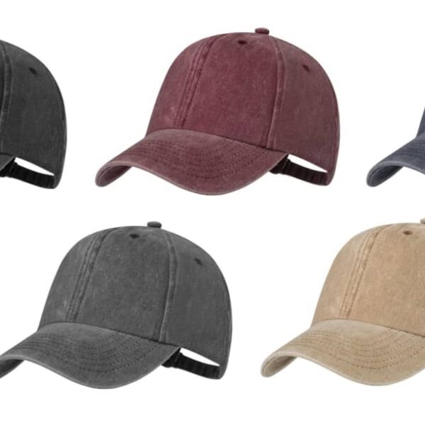 Five baseball caps in black, burgundy, blue, gray, and beige colors, arranged in two rows.