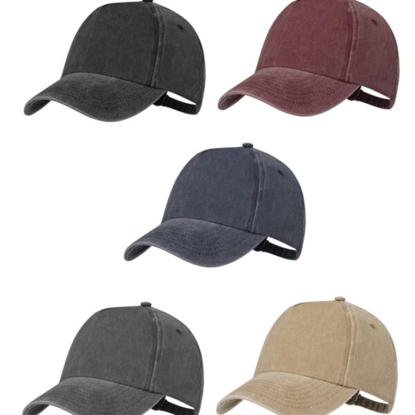 Five baseball caps in black, burgundy, navy, dark gray, and beige, arranged in two rows.