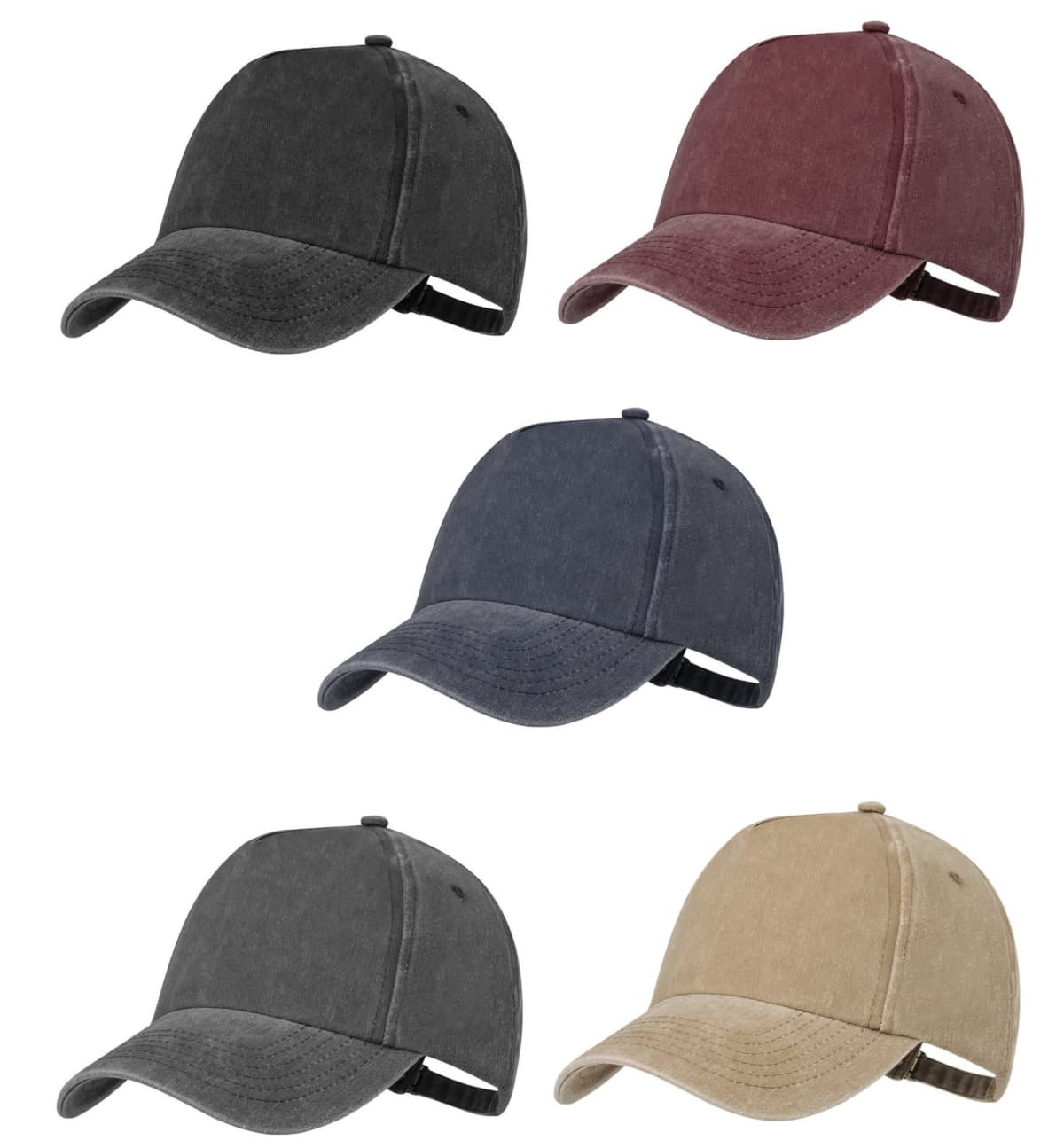 collage_99__3 Five baseball caps in black, burgundy, navy, dark gray, and beige, arranged in two rows.