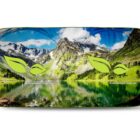 Car sunshade with a mountain and lake scene, featuring green leaf logos and nature text.