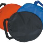 Three circular sleds in red, blue, and black, each with handles, overlapping each other.