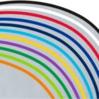 Curved lines in various colors on a light gray background, forming an abstract pattern.