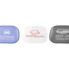 Three car sunshades with different company logos and text in blue, white, and black.