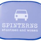A blue sunshade with a car icon and the text SPINTERNS stuntmen and women.