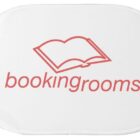 White pad with a red open book icon and the text bookingrooms underneath.