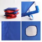 Collage of four images showing blue and red bean bags stacked, a blue plastic frame corner, close-up of blue fabric stitching, and a circular hole in blue fabric.