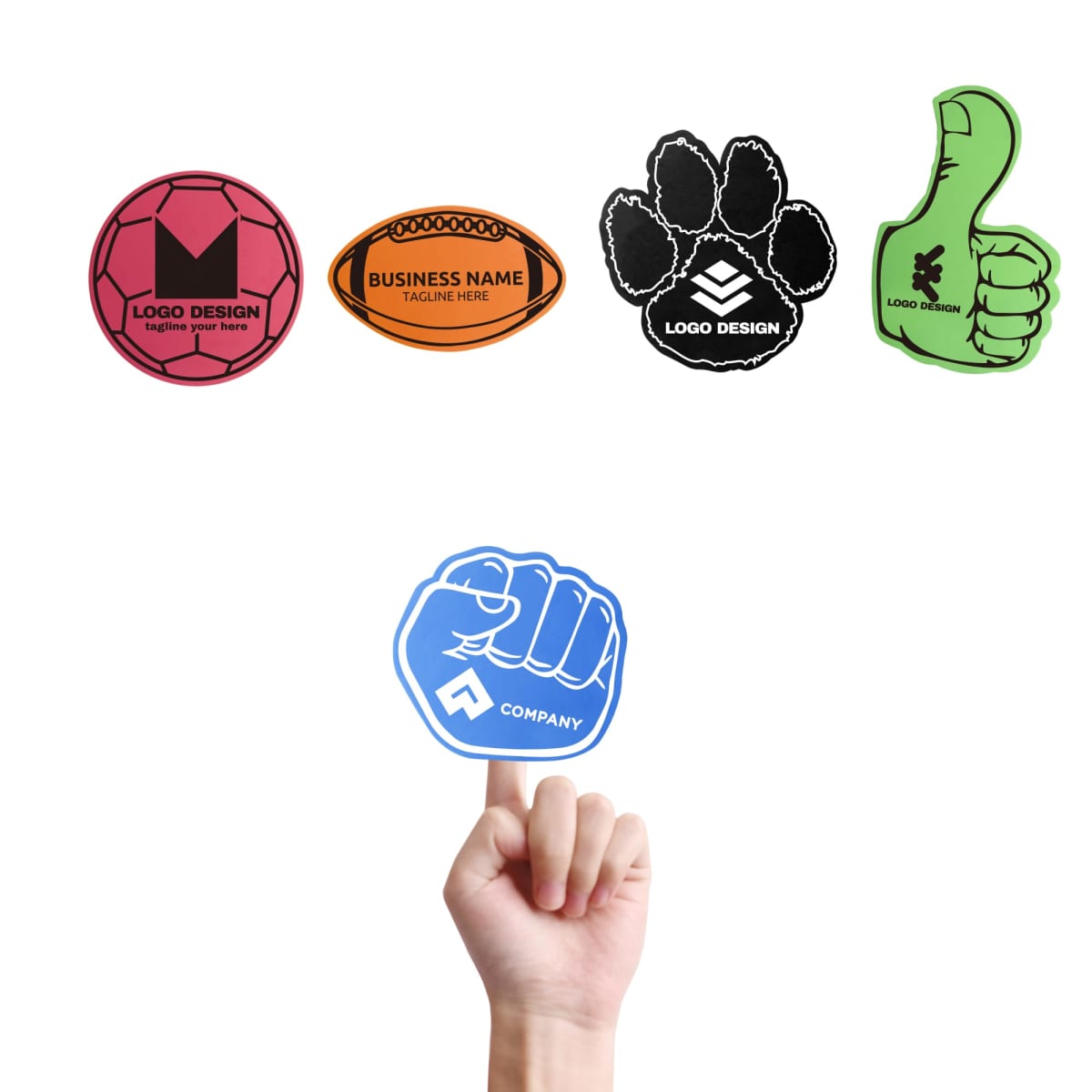 A hand holding a blue fist-shaped sticker with COMPANY written on it. Above are five other sticker designs: a red circle, orange oval, black paw print, green thumbs up, and a blue fist, each with placeholders for logos and text.