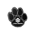 Black paw print with white outlines. Inside the paw, theres a stacked geometric design resembling chevrons, above the text LOGO DESIGN. The logo features a contrast of bold black and white elements.